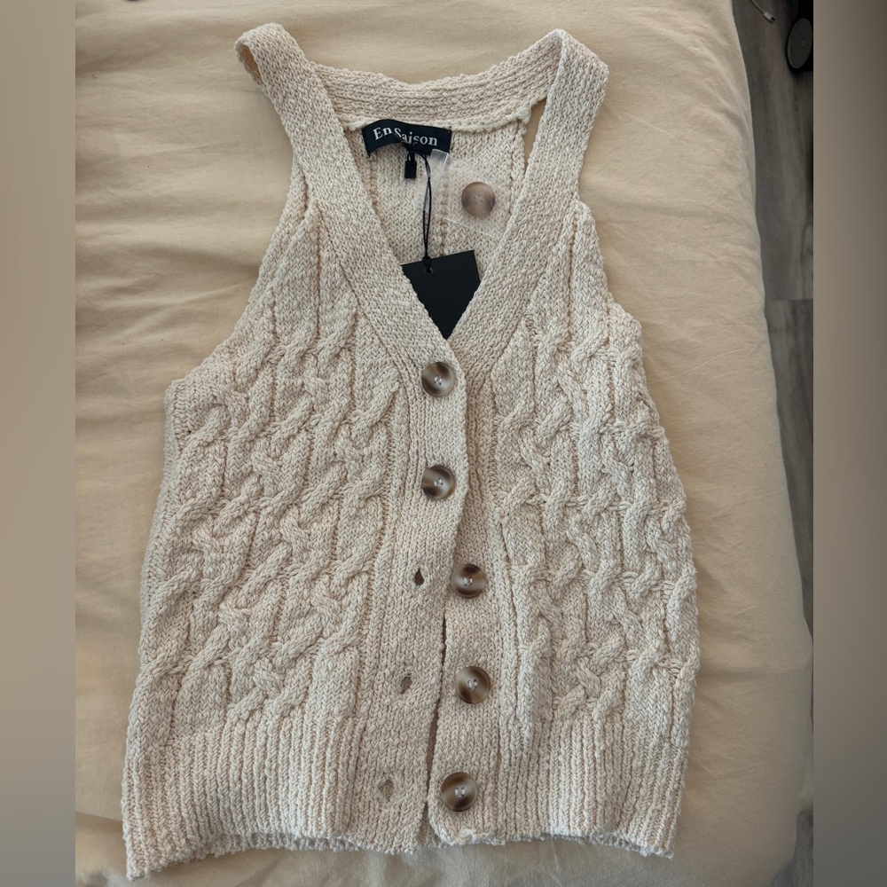 Crochet Knit Button Tank Top in Cream